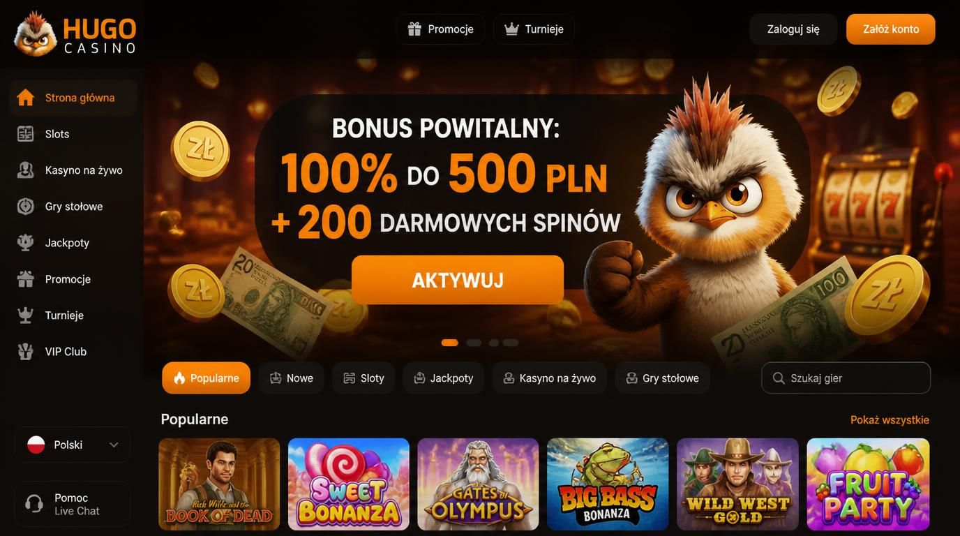 Baner powitalny z bonusem i darmowymi spinami w Hugo Casino