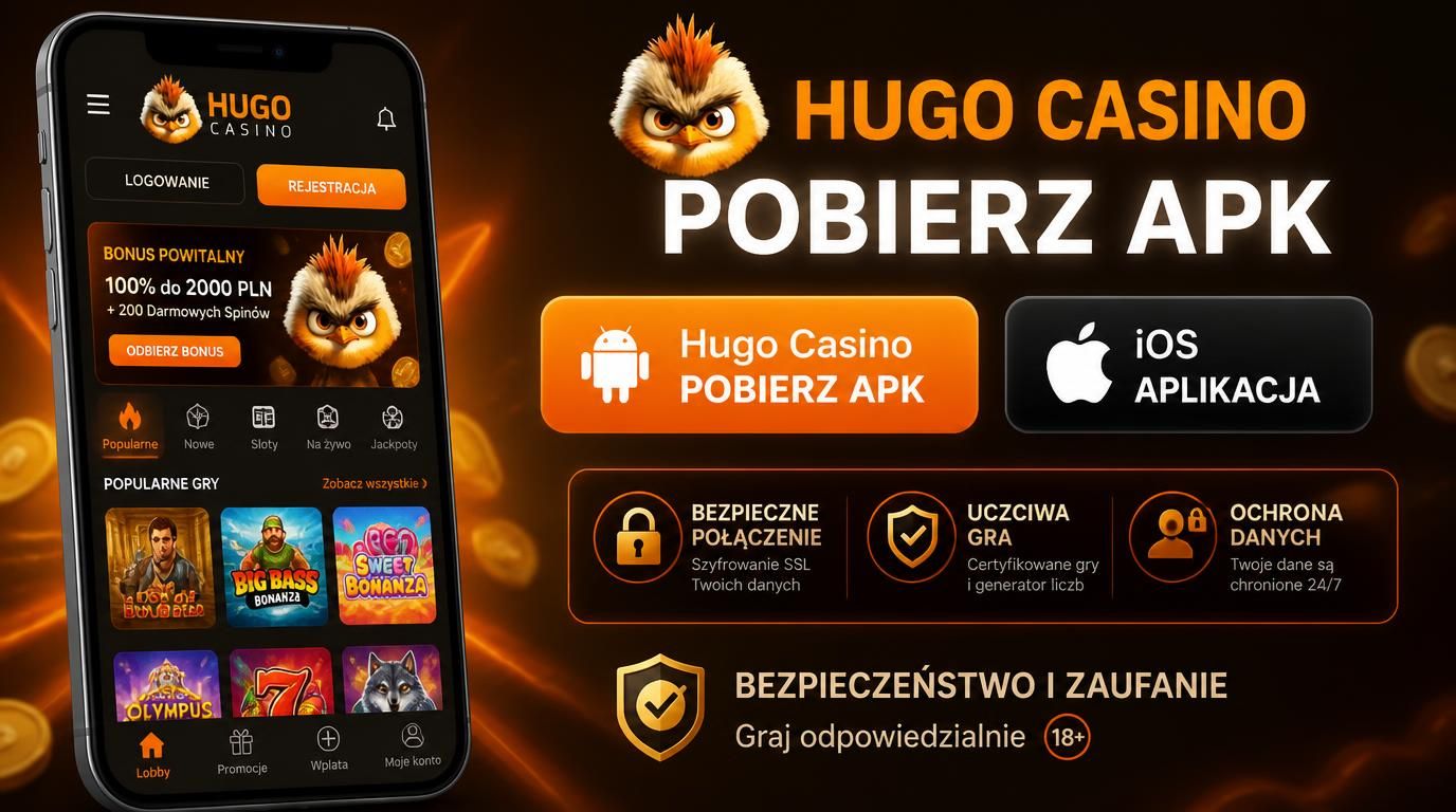 Telefon pokazujący ekran instalacji aplikacji kasyna Hugo z opcją APK i App Store