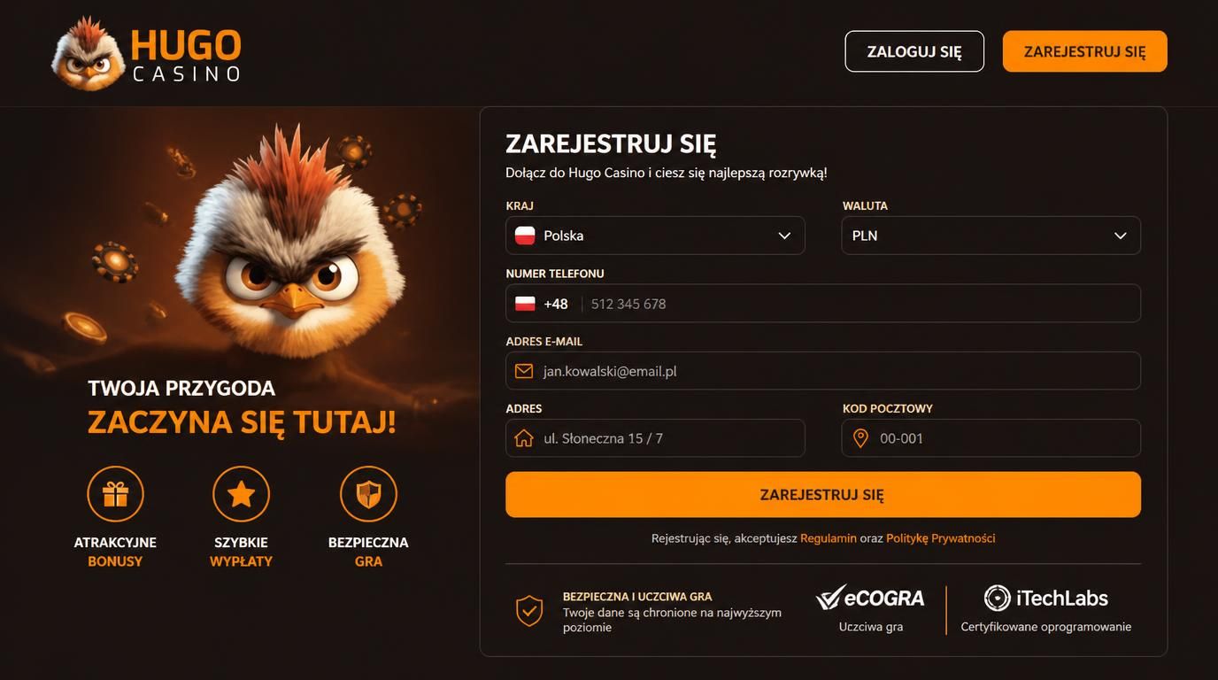formularz rejestracji w Hugo Casino z zaznaczeniem Polski i waluty PLN
