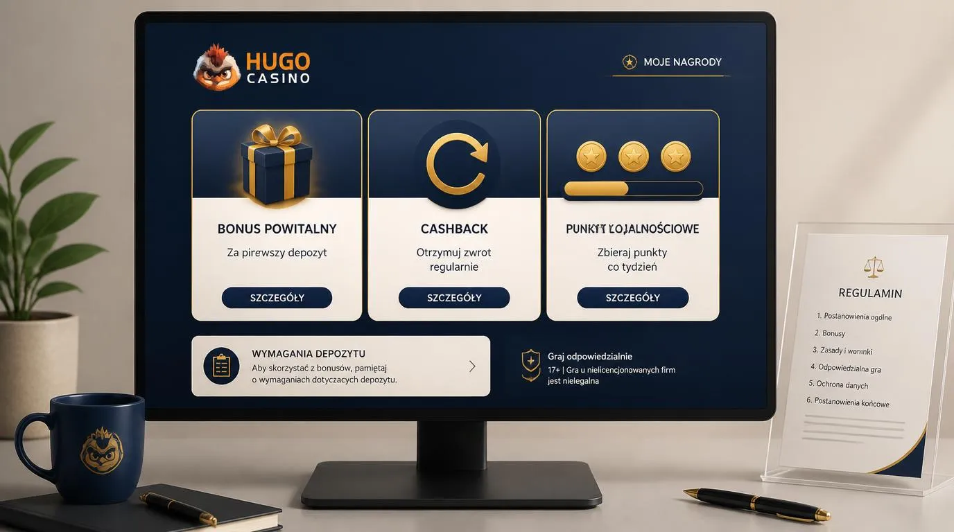 Panel bonusów kasynowych z ofertą powitalną, cashbackiem i licznikiem punktów tygodniowych