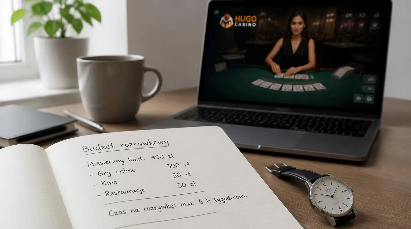 Notatnik z budżetem na rozrywkę i zegarek obok laptopa z grą z krupierem na żywo