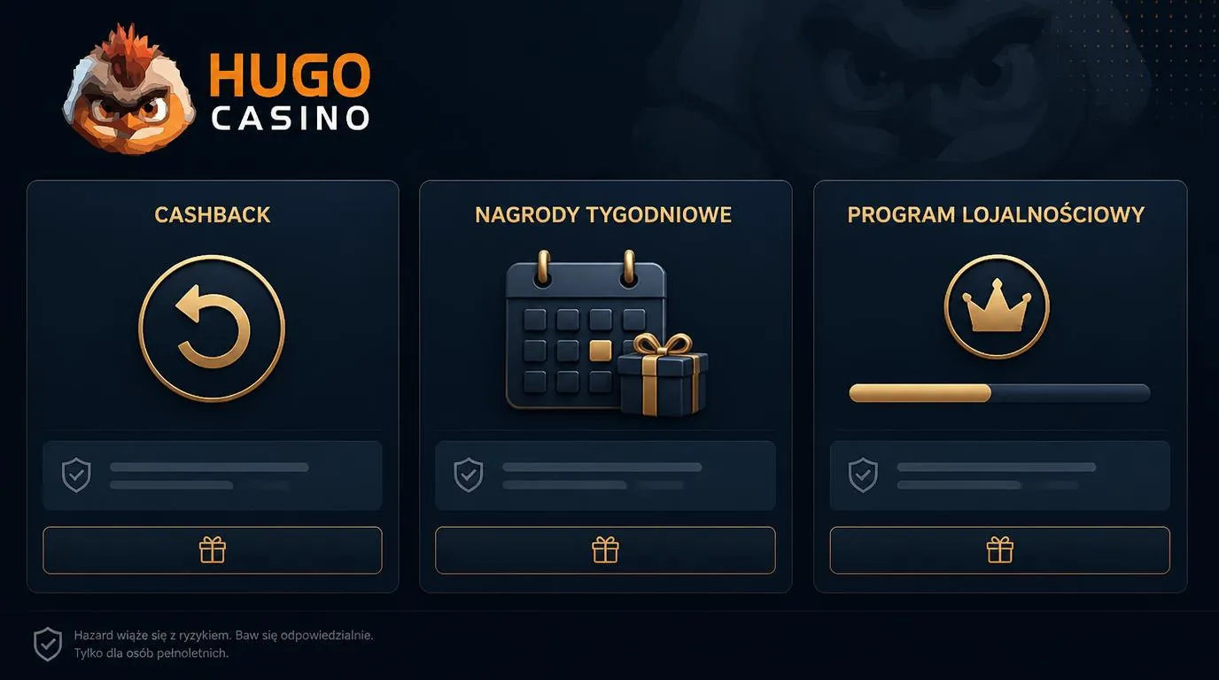 Panel promocji kasynowych z kartami cashbacku, tygodniowych nagród i postępu w programie lojalnościowym